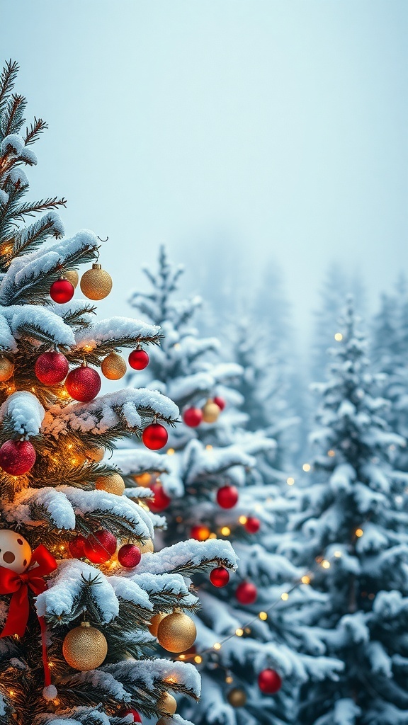Christmas Aesthetic Horizontal Wallpaper A beautiful Christmas aesthetic wallpaper with snow-covered trees and colorful ornaments.